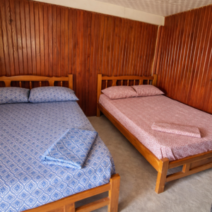 Interior room Isla Perro San Blas with two beds and wooden walls beachfront cabin