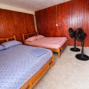 Interior room Isla Perro San Blas with two beds and wooden walls beachfront cabin