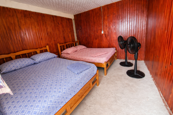 Interior room Isla Perro San Blas with two beds and wooden walls beachfront cabin